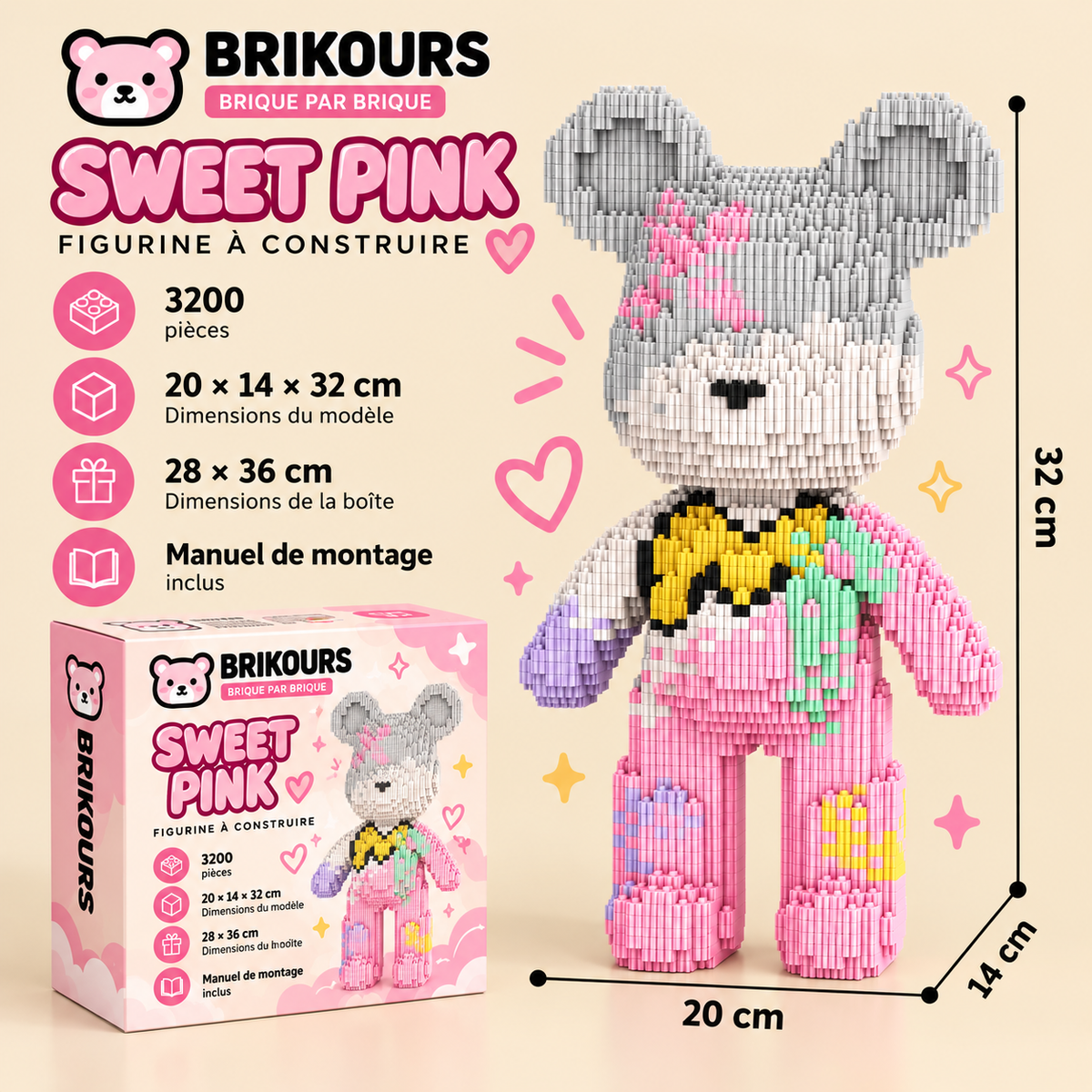 Blocs de construction Bear Connection, jolies particules, assemblage DIY, peinture, 32 cm, série Mpin, mini figurines d'ours en briques, jouets décoratifs