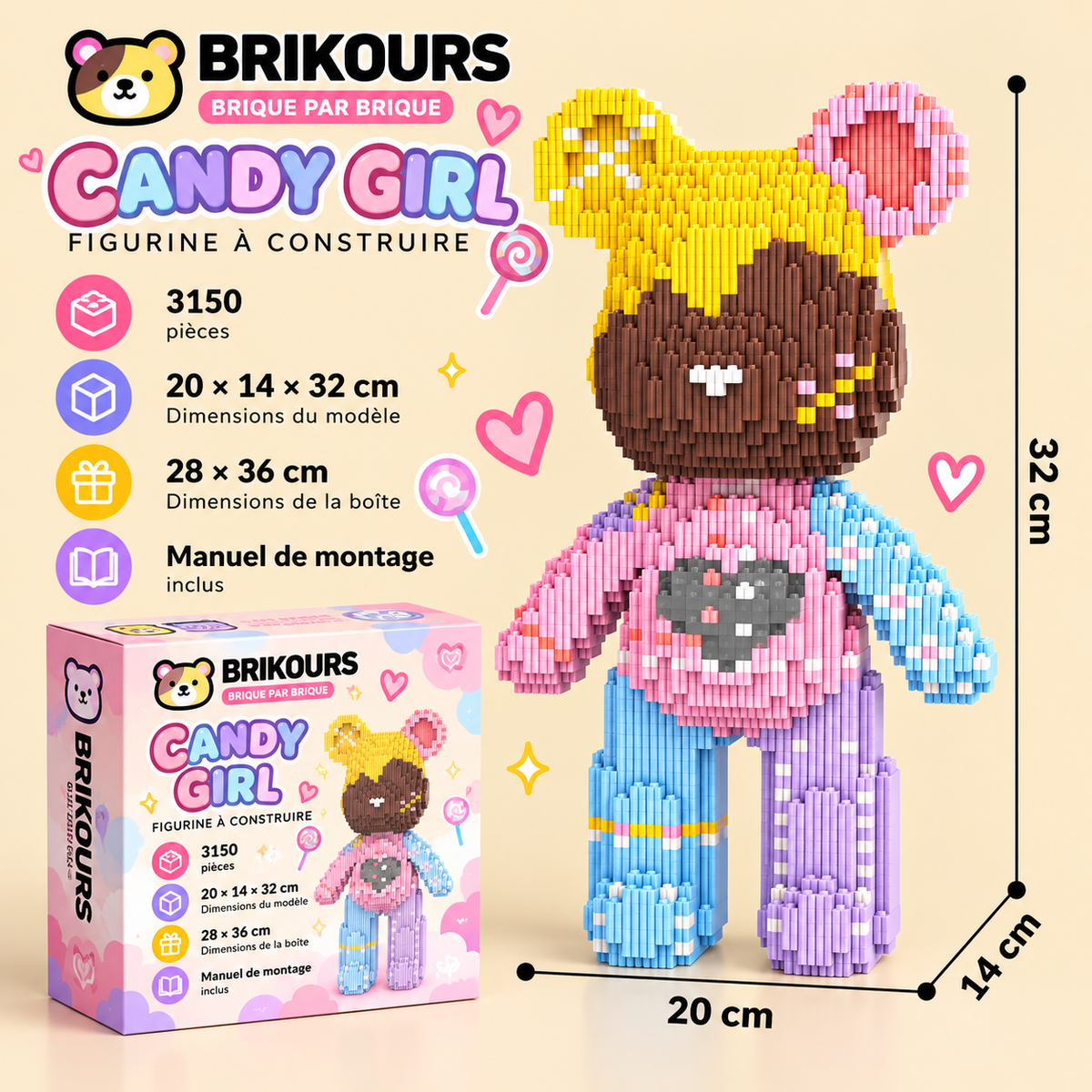 Blocs de construction Bear Connection, jolies particules, assemblage DIY, peinture, 32 cm, série Mpin, mini figurines d'ours en briques, jouets décoratifs
